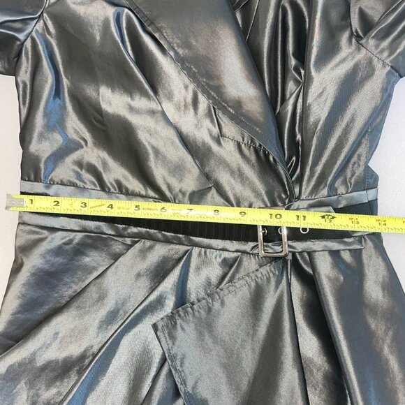CC Couture Metallic Grey Wrap Trench Dress with Draped Skirt – Size Small - Picture 14 of 15